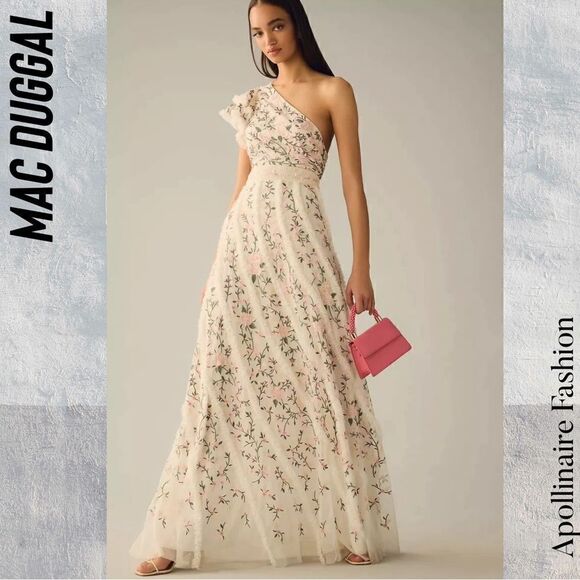 MAC DUGGAL ONE SHOULDER MAXI DRESS WHITE WITH FLORAL EMBROIDERED NWT SIZE 14 - Picture 2 of 9